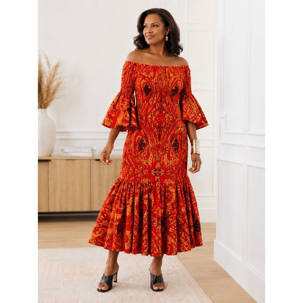 ASHRO Kehlani Smocked Cotton Maxi Dress 1X Plus Sz Afrocentric Bell Sleeve NWT